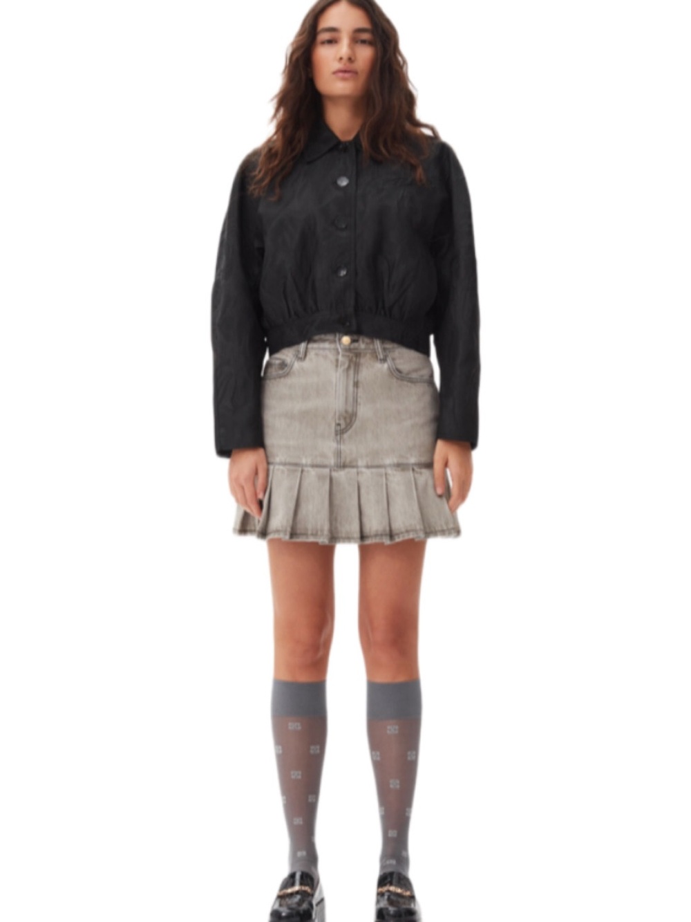 GANNI Future Denim Pleated Mini Skirt Pleated Hem Denim Mini Skirt Grey EU 40
